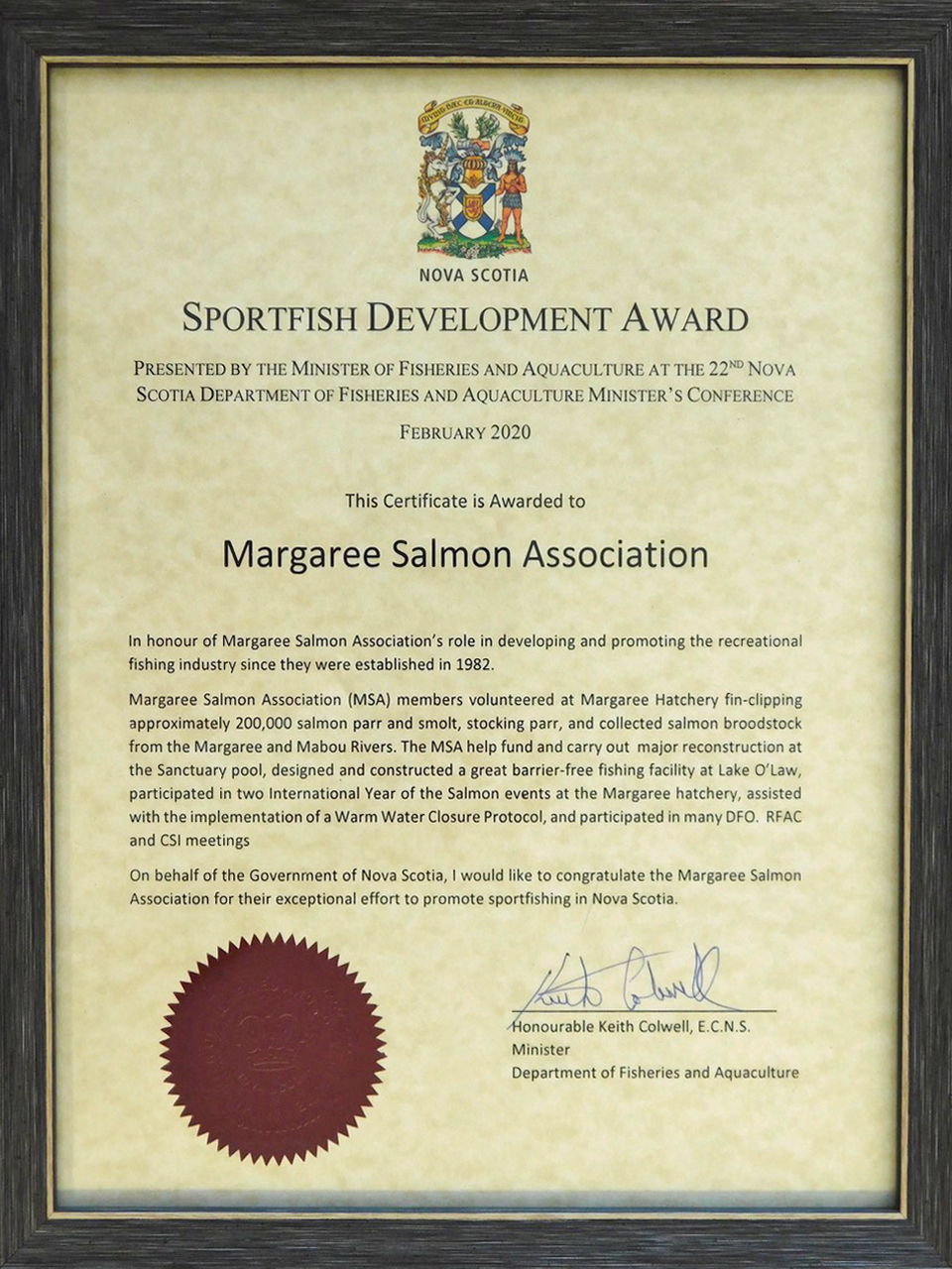 Sportfish Development Award presented to the MSA